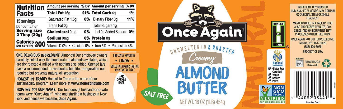 Once Again Natural Creamy Almond Butter, 16Oz - Roasted - Salt Free, Unsweetened - Gluten Free Certified, Peanut Free, Vegan, Ko