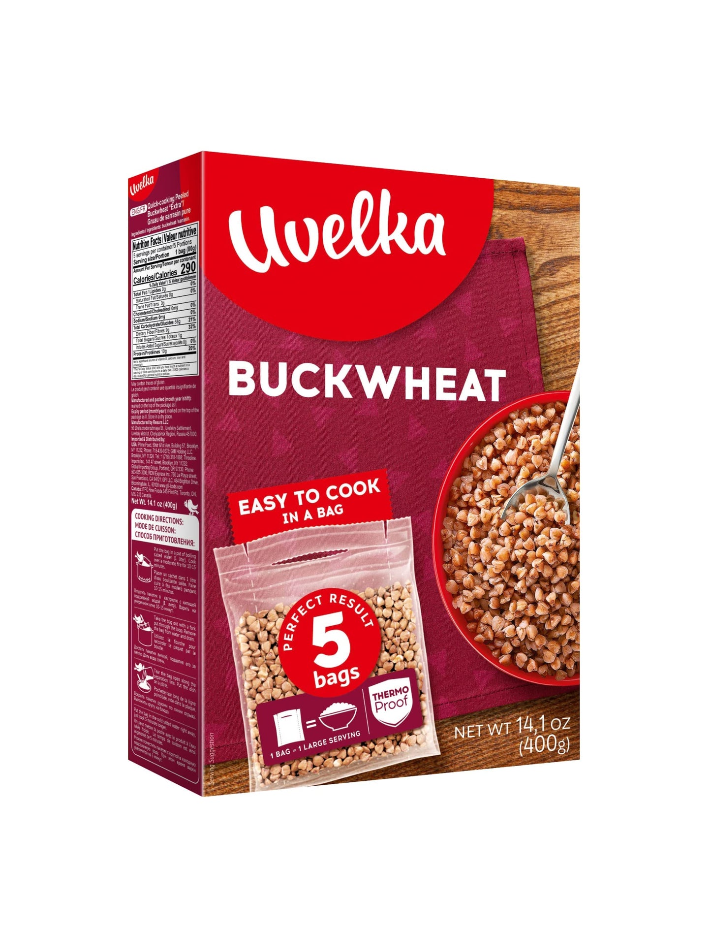 Uvelka Kasha Buckwheat Boil In Bag - 5X80Gr (14Oz), Pack Of 3, Organic Food