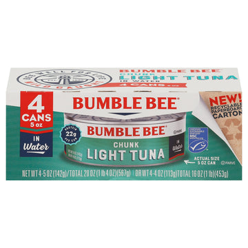 Bumble Bee Chunk Light Tuna In Water, 5 oz Cans (Pack of 4) - Wild Caught Skipjack Tuna - 22g Protein Per Serving - MSC Certifie