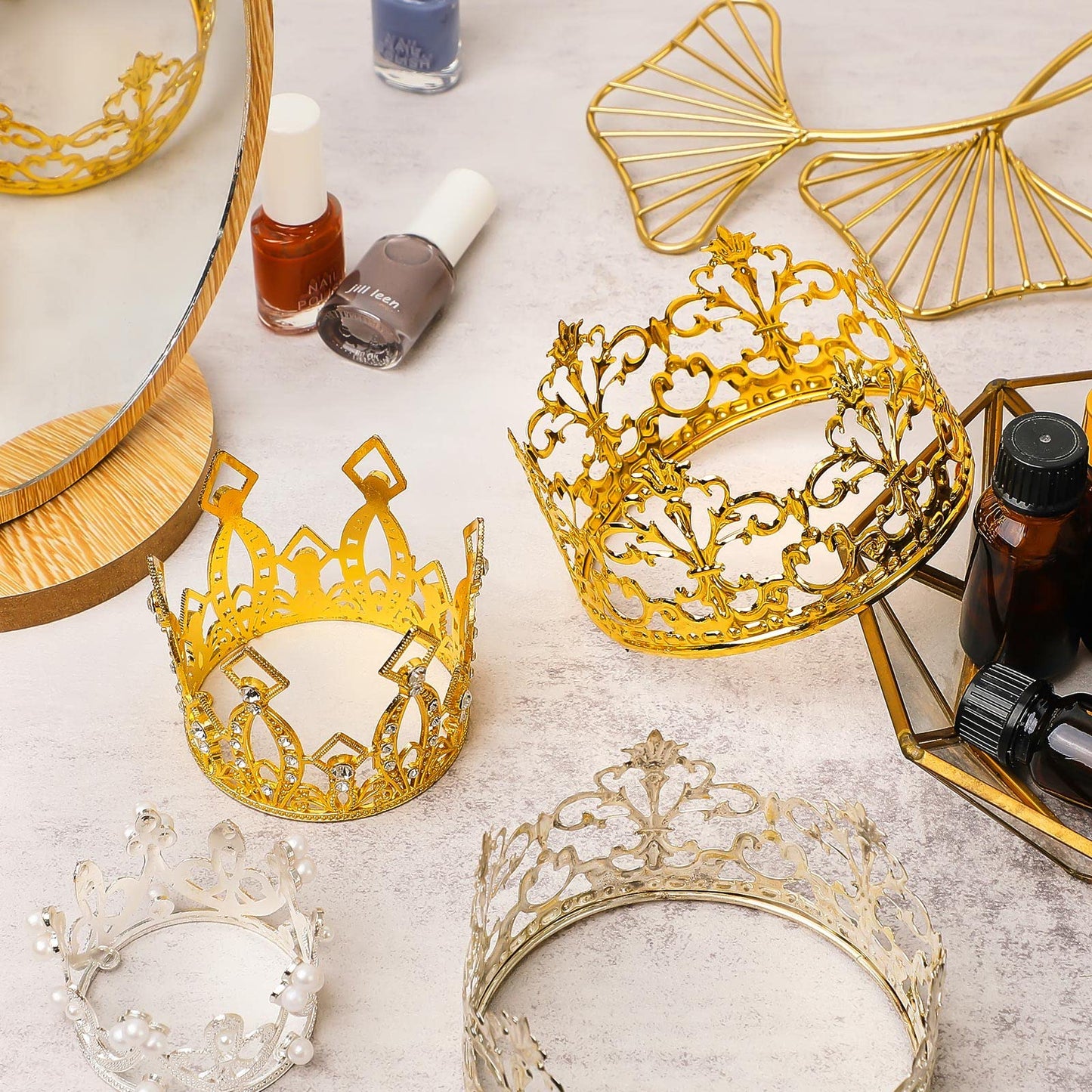 Moxweyeni 6 Pieces Silver Gold Rose Crown Cake Topper Mini Crown Cake Topper For Flower Bouquet Rhinestone Tiara Crown Cake Topp