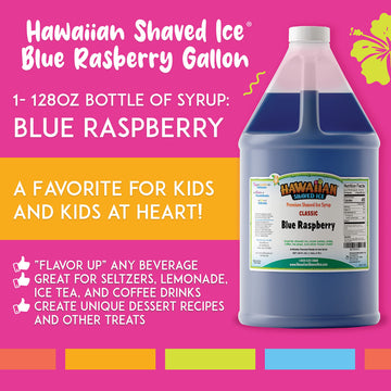 Hawaiian Shaved Ice Blue Raspberry Syrup - Nut Soy Dairy Free - Flavor Fluffy & Crunchy Snow Cone Ice - Shelf Stable - Makes 64