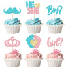 24Pcs Boy Or Girl Cupcake Toppers Pink Blue Glitter Crown Moustache Baby Shower Cupcake Picks He Or She Footprint Cake Topper De