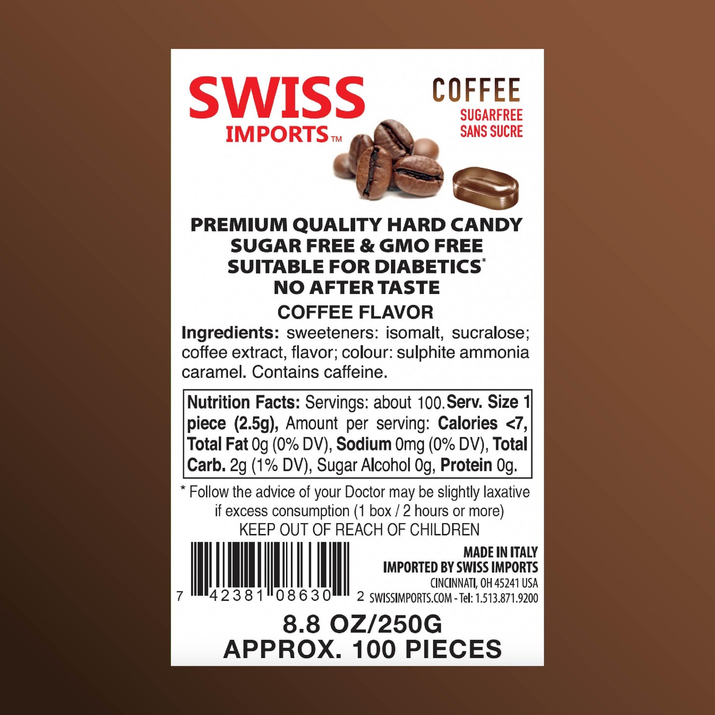 Swiss Imports Sugar Free Bonbons Hard Candy Drops, Coffee, 100 Individually Wrapped Pieces, 250G/8.8Oz