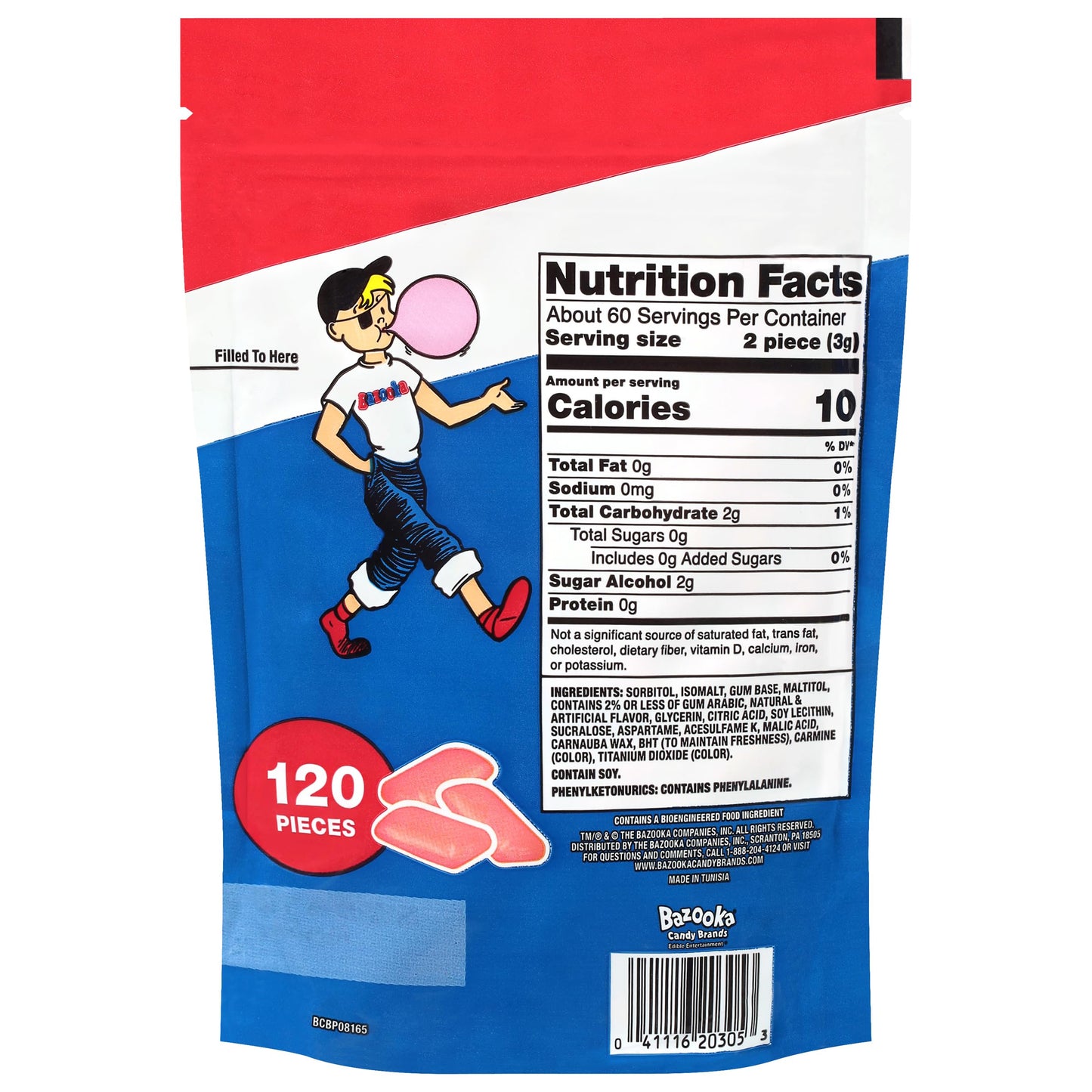 Bazooka Bubble Gum project pieces, Sugar-Free, 120 Ct, Pink Flavor, Resealable Bag, Model 20305