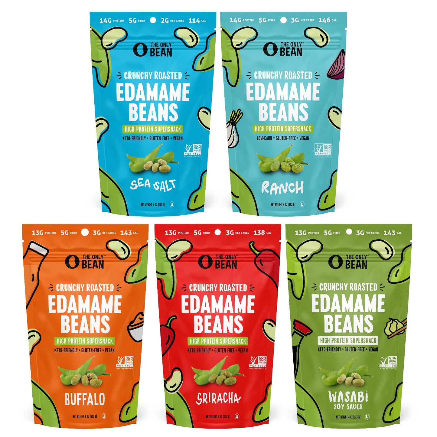 The Only Bean Crunchy Roasted Edamame Bean Snacks (5 Flavors), Healthy Snacks For Kids And Adults, High Protein Snacks, Low Carb