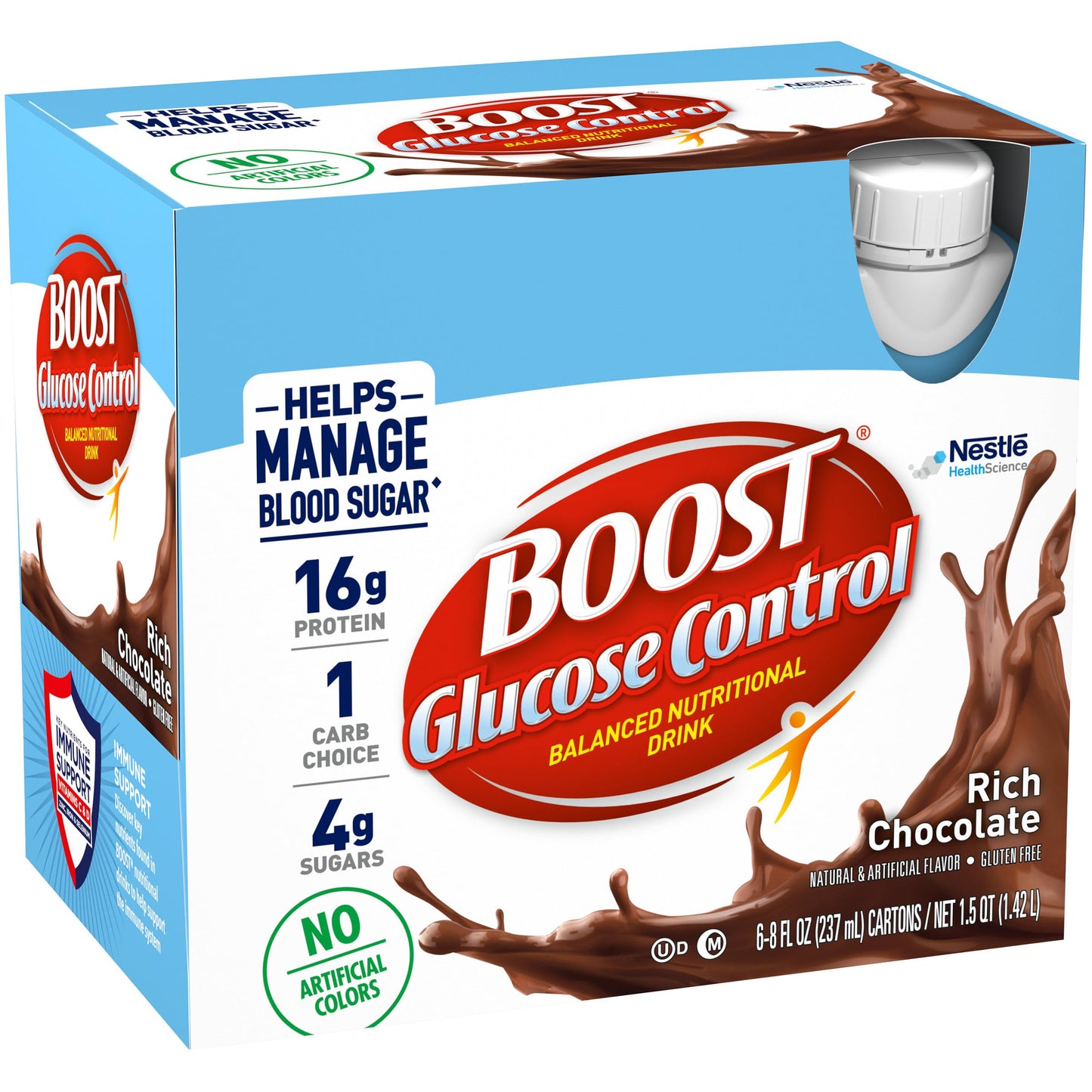 BOOST Glucose Control Nutritional Drink, Rich Chocolate, 8 FL OZ Resealable Bottles, Pack of 2, 6 Count
