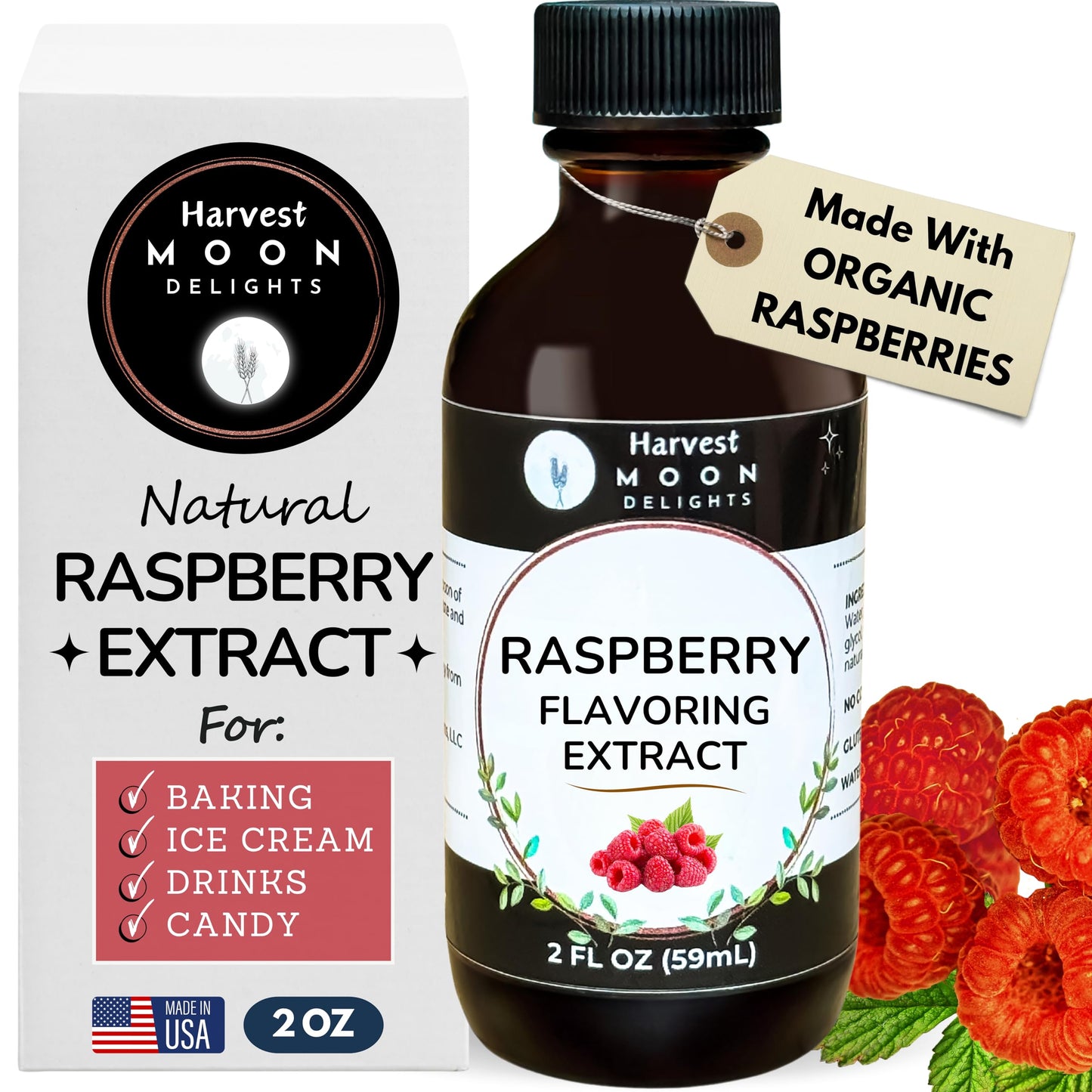 Natural Raspberry Extract - 2 oz - Water-Soluble - By Harvest Moon Delights - Raspberry Extract for Baking, Ice Cream, Drinks, a
