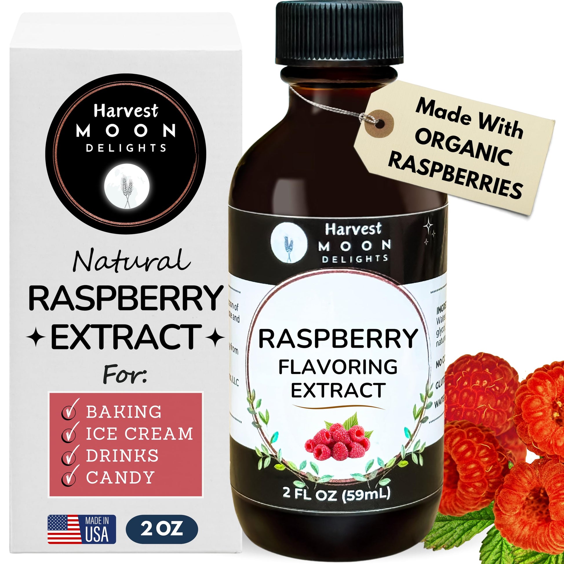 Natural Raspberry Extract - 2 oz - Water-Soluble - By Harvest Moon Delights - Raspberry Extract for Baking, Ice Cream, Drinks, a