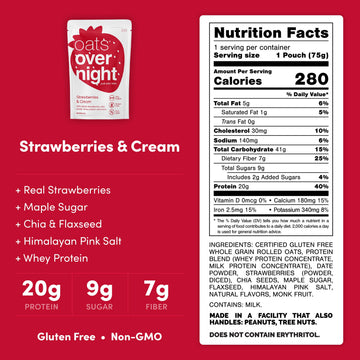 Oats Overnight Breakfast Shake - Strawberries & Cream - 20g Protein, High Fiber - 2.7 oz (16 Pack) - Gluten Free, Non GMO