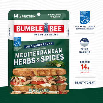 Bumble Bee Mediterranean Herbs & Spices Seasoned Tuna, 2.5 Oz Pouch - Ready To Eat - Wild Caught Tuna Packet - 14G Protein Per Serving - Gluten Free
