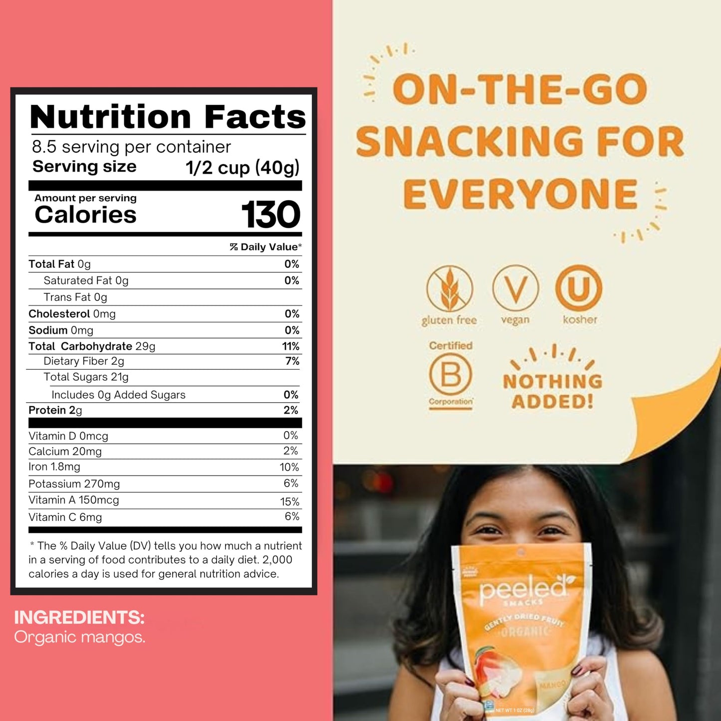 Peeled Snacks Organic Dried Fruit - Healthy, Vegan Snacks For On-The-Go Lunch And More Mango, 12 Oz (Pack Of 1)