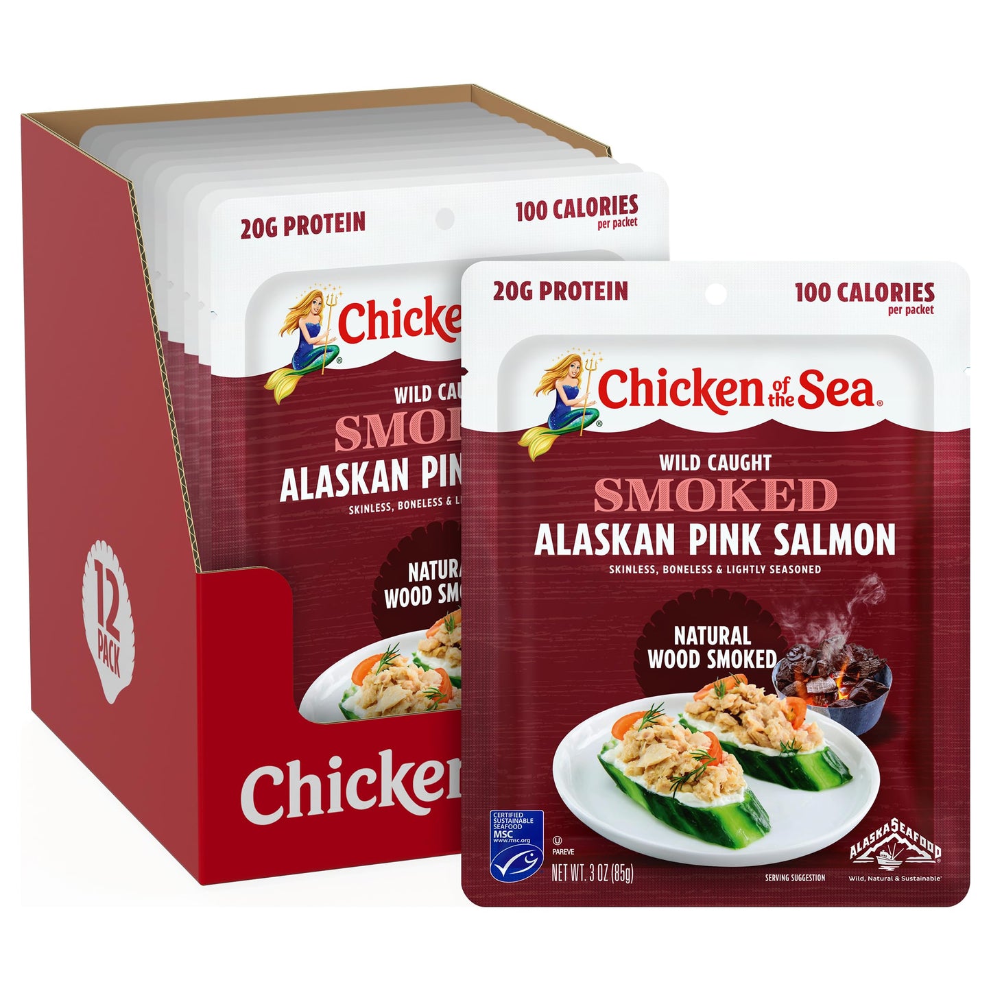 Chicken Of The Sea Rich Flavor Alaskan Pink Salmon 3 Ounce Packets (Pack Of 12) Wild Caught Salmon Natural Wood Smoke