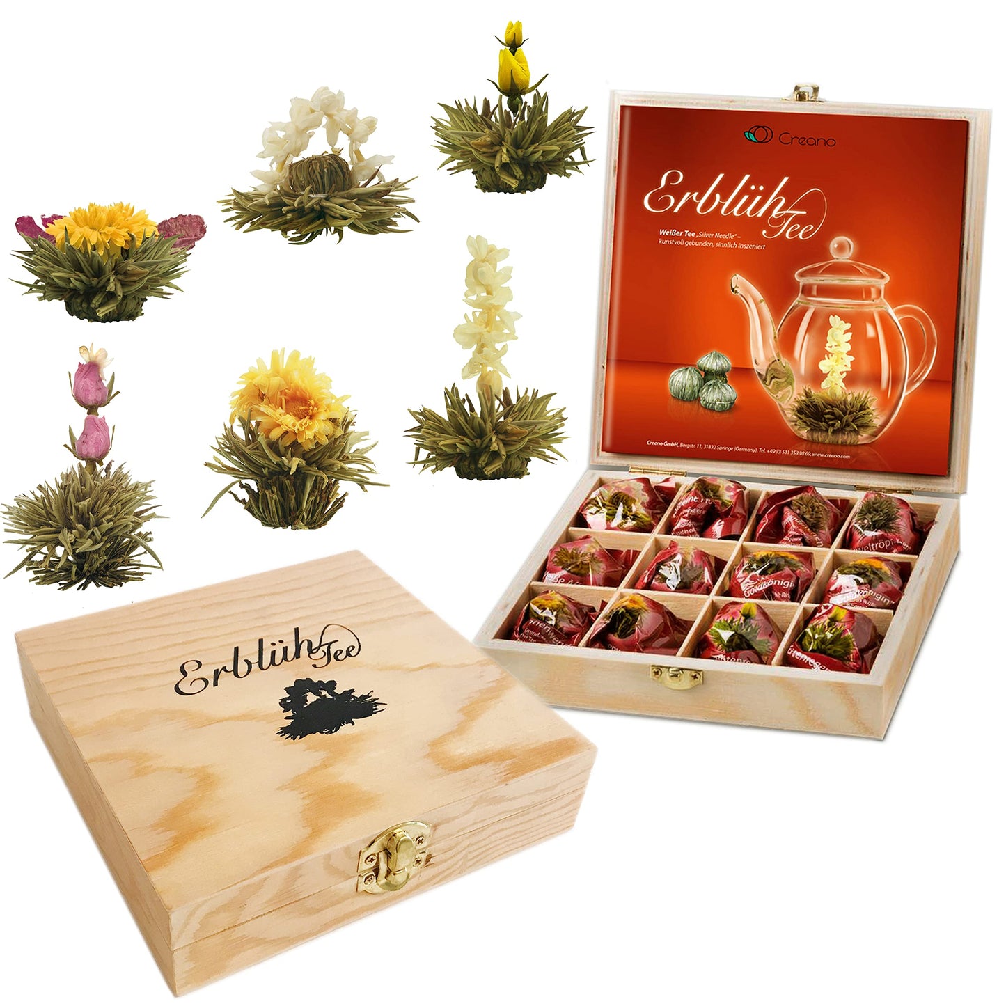 Creano Blooming Tea - Flowering Ball Gift Set In Stylish Wooden Box - 12 Pieces White Tea