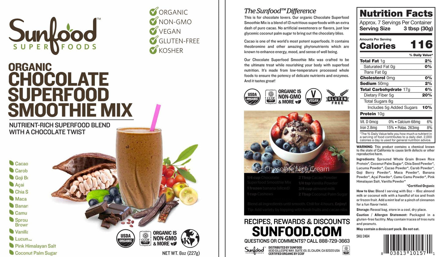 Sunfood Organic Chocolate Superfood Smoothie Mix - Vegan Protein Powder, Plant Protein Powder, Plant Based Pea Protein Blend wit