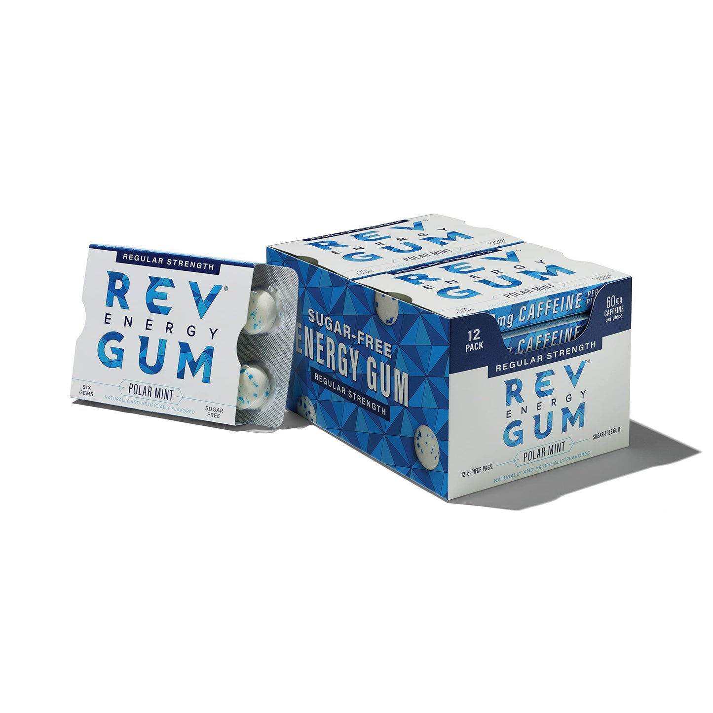 REV Caffeine Energy Gum - Polar Mint, Sugar Free, Low Calorie, Regular Strength, 60mg Caffeine per Gum, 12 Packs (72 Count)