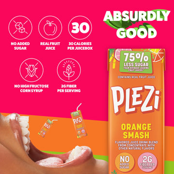 PLEZi Fruit Juice Boxes For Kids, Orange Smash - Low Sugar Drinks with Dietary Fiber, Healthy Vitamin C, and Potassium Electroly
