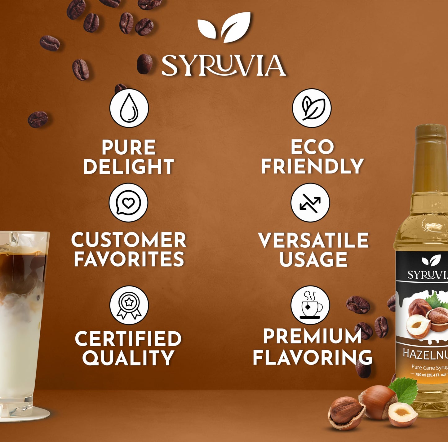 Syruvia Hazelnut Syrup - Hazelnut Coffee Syrup Flavor, 25.4 Fl Oz, Kosher, Gluten Free, Perfect For Coffee, Drinks, Soda, Desser