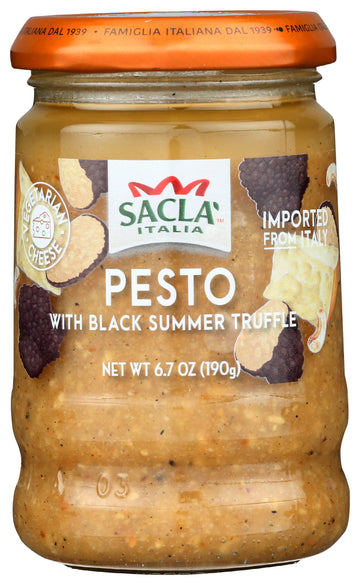 Sacla Pesto With Black Summer Truffle | Italian Basil Pesto Sauce With Real Truffle & Cheese | 6.7 Oz Glass Jar | Gourmet Non-Gmo Paste | Imported From Italy