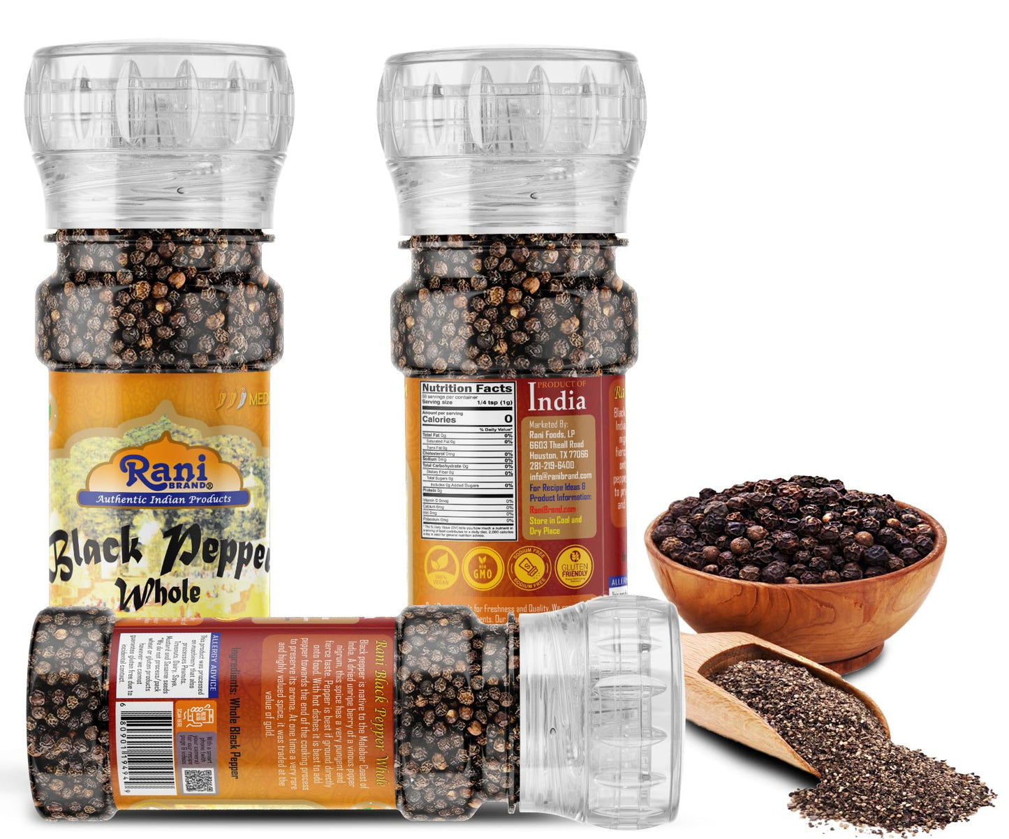 Rani Black Pepper Whole (Peppercorns), Premium Mg-1 Grade 1.8Oz (51G) Grinder Bottle ~ All Natural | Gluten Friendly | Non-Gmo | Kosher | Product Of Vietnam | Perfect Size For Grinders!
