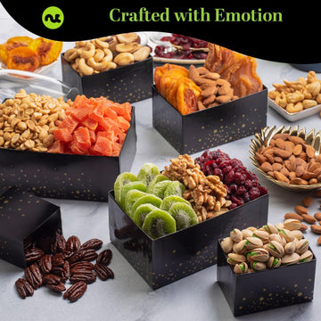 Nut Cravings Gourmet Collection - Christmas Treats Tower Dried Fruit & Nuts Gift Basket With Happy Holiday Ribbon (12 Assortment