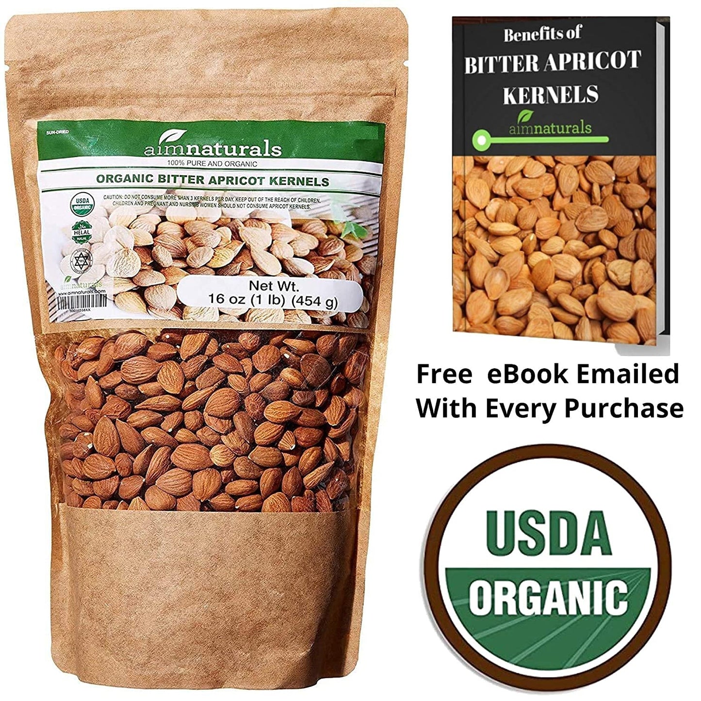 aimnaturals Organic Raw Bitter Apricot Kernels - USDA Certified, 1LB, Product of Turkey