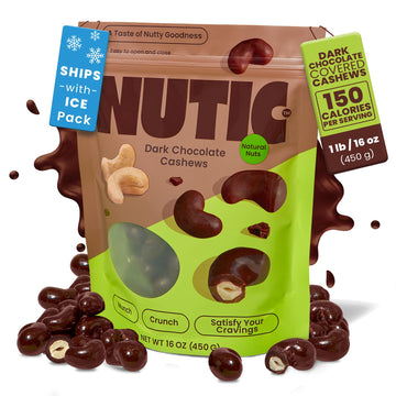 Nutic Dark Chocolate Covered Cashews - 1 Lb, Irresistibly Rich Dark Chocolate Coating, Perfect Holiday Treats & Snacks, Made In