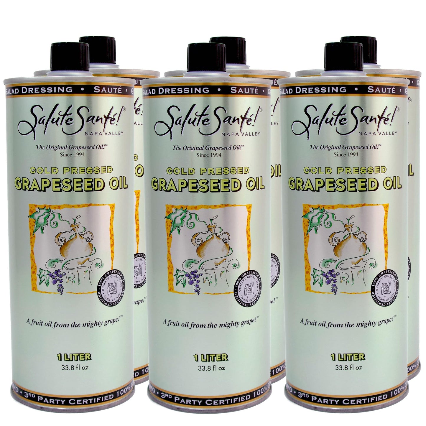 Salute Sant ! Cold Pressed Grapeseed Oil - 1 Liter 6-Pack - cooking oil, grapeseed oil - High Smoke Point, Neutral Flavor, Idea
