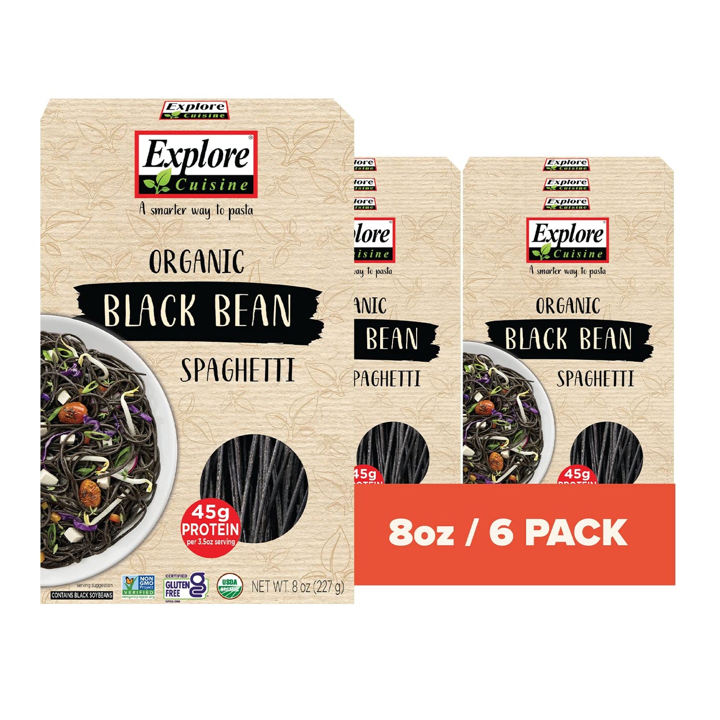 Explore Cuisine Organic Black Bean Spaghetti - Pack of 6 (8 oz) - Easy-to-Make Gluten Free Pasta - High in Plant Protein & Fiber