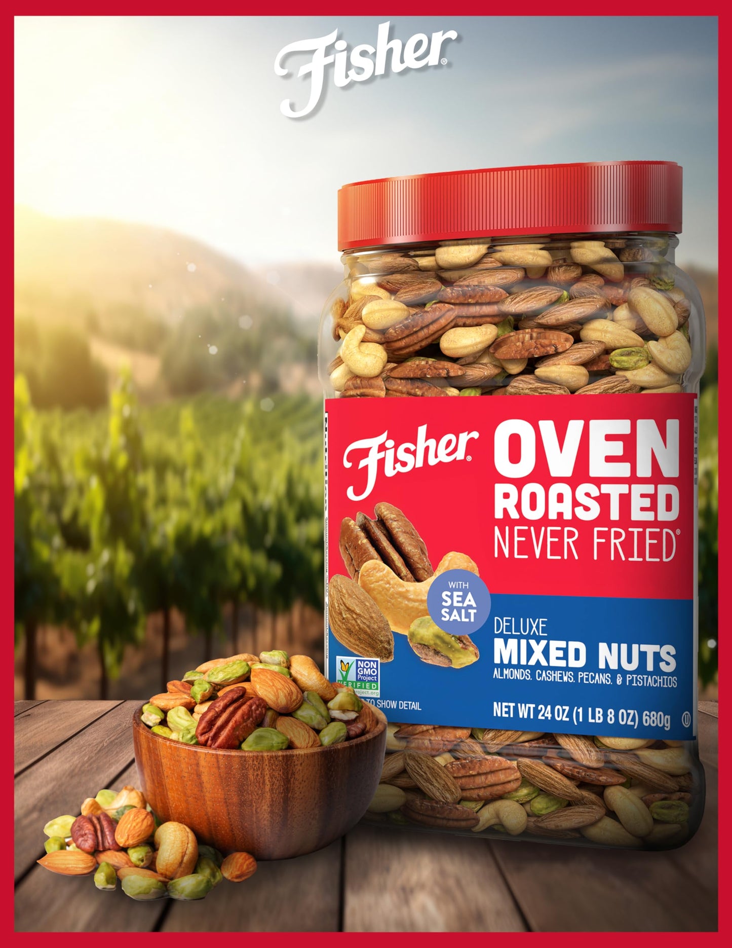 Fisher Deluxe Mixed Nuts, Oven Roasted, Gluten Free, 24 Ounces, No Added Oil, Sea Salt, Pack of 1