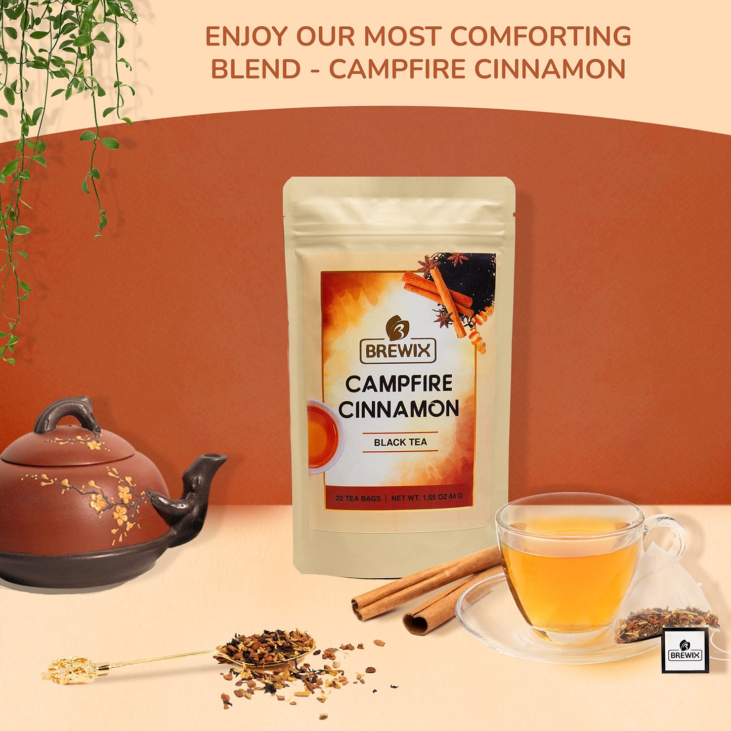 Brewix, Campfire Cinnamon Black Tea (22 Pyramid Tea Bags) | Black Tea With Orange & Cinnamon | Sweet And Spicy Tea | Energy Tea