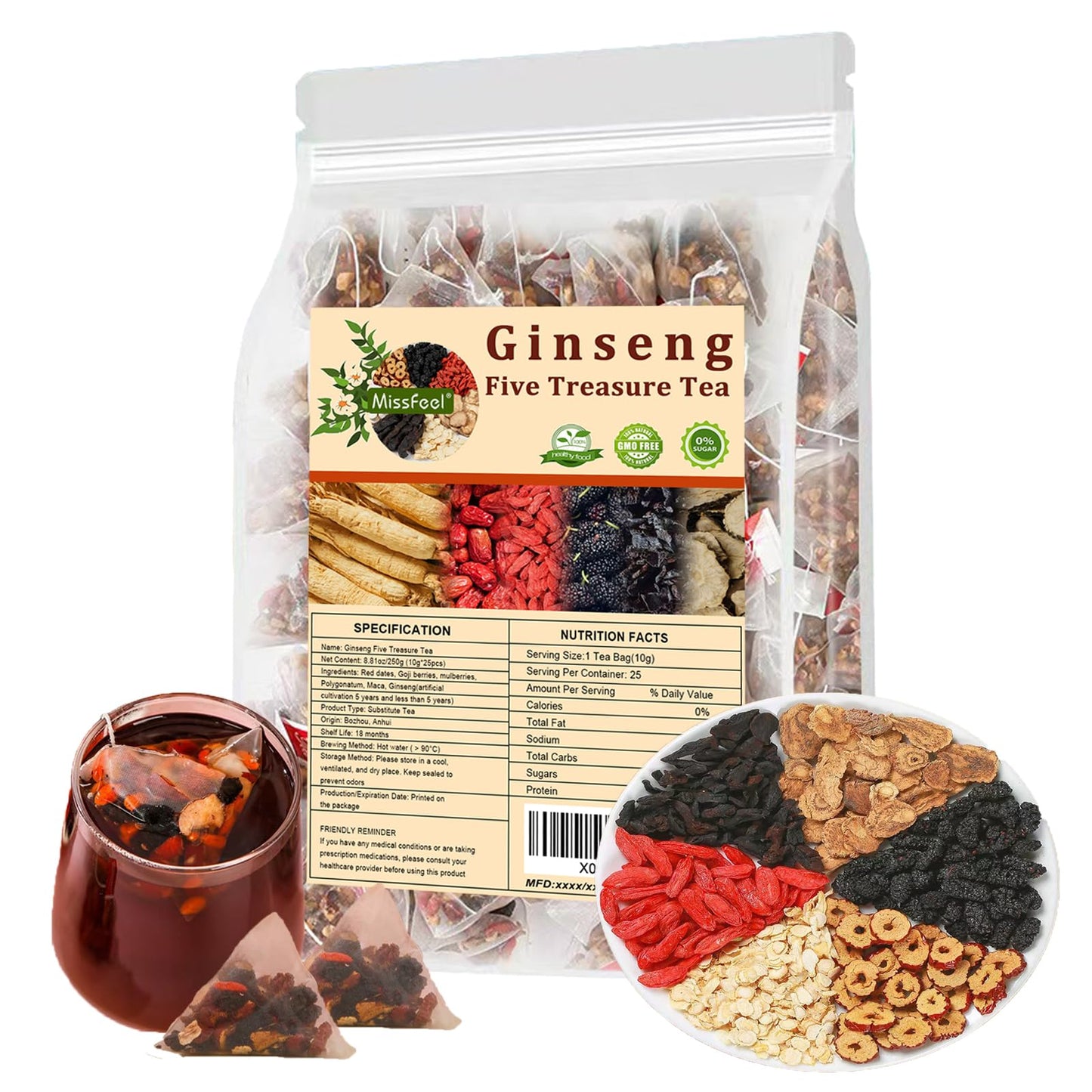 Ginseng Five Treasure Tea, Kidney Tea Formula Ginseng Six Treasure, Natural Kidney Detox Tea For Men&Women, Organic Chinese Herbal, 6 Precious Ingredients Formula (1 Bag 25 Pcs)