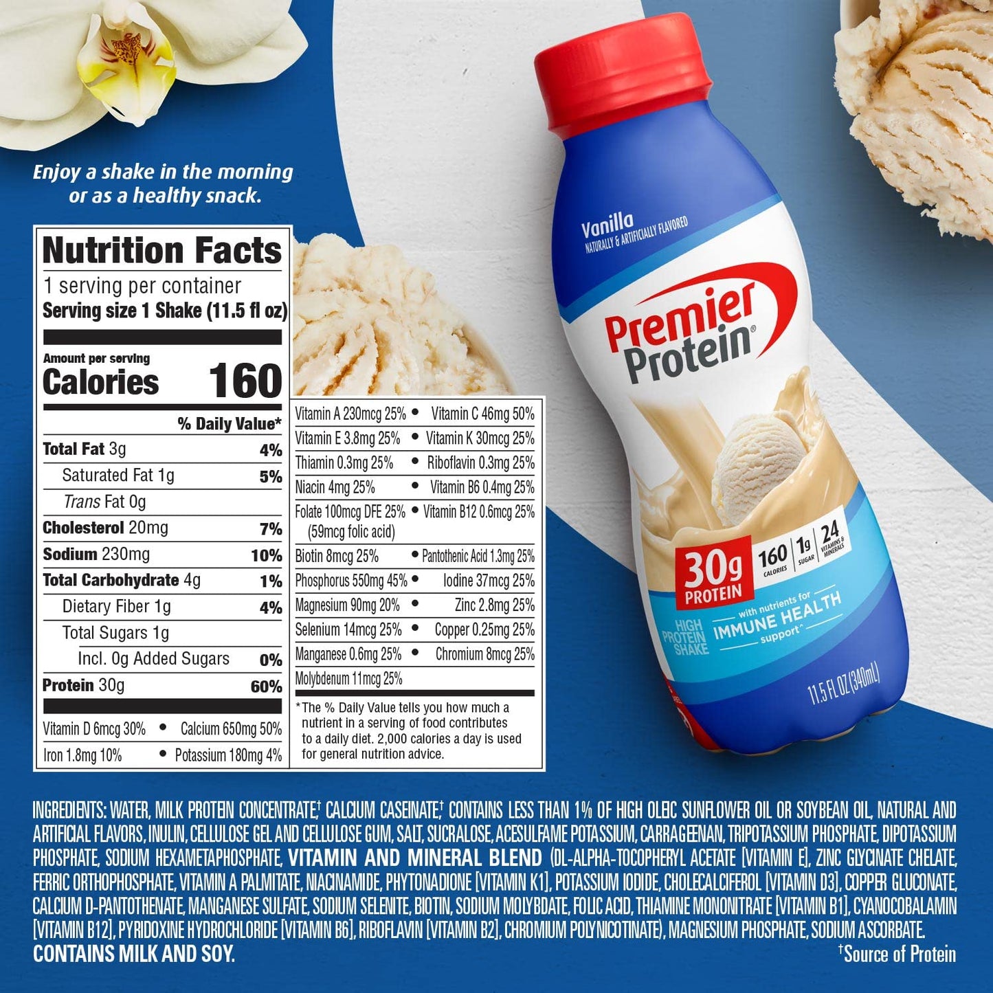 Premier Protein Shake, Vanilla, 30g Protein, 1g Sugar, 24 Vitamins & Minerals, Nutrients to Support Immune Health 11.5 fl oz, 12