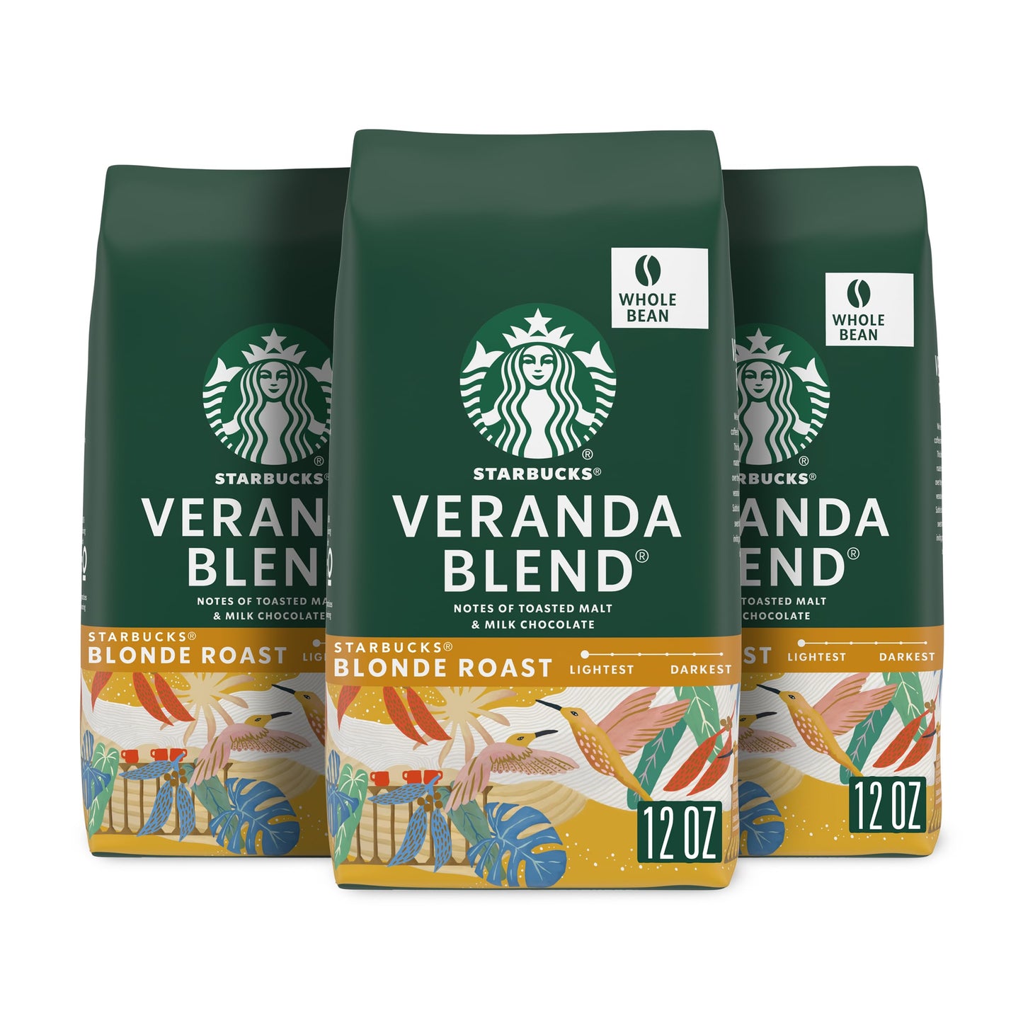 Starbucks Whole Bean Coffee, Starbucks Blonde Roast Coffee, Veranda Blend, 100% Arabica, 3 Bags (12 Oz Each)