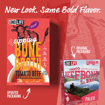 LonoLife Tomato Beef Bone Broth Powder Mix, Grass-Fed, 10g Protein, 24 Stick Packs