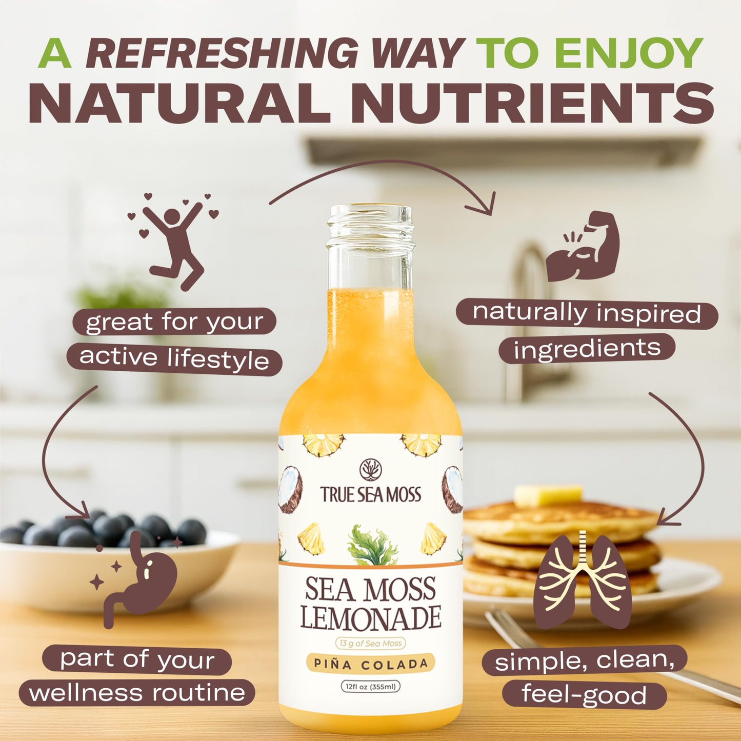TrueSeaMoss Pina Colada Sea Moss Drink – Vegan Coconut Pineapple Infused – 4 x 12 fl oz Bottles – Tropical Hydration Made in USA
