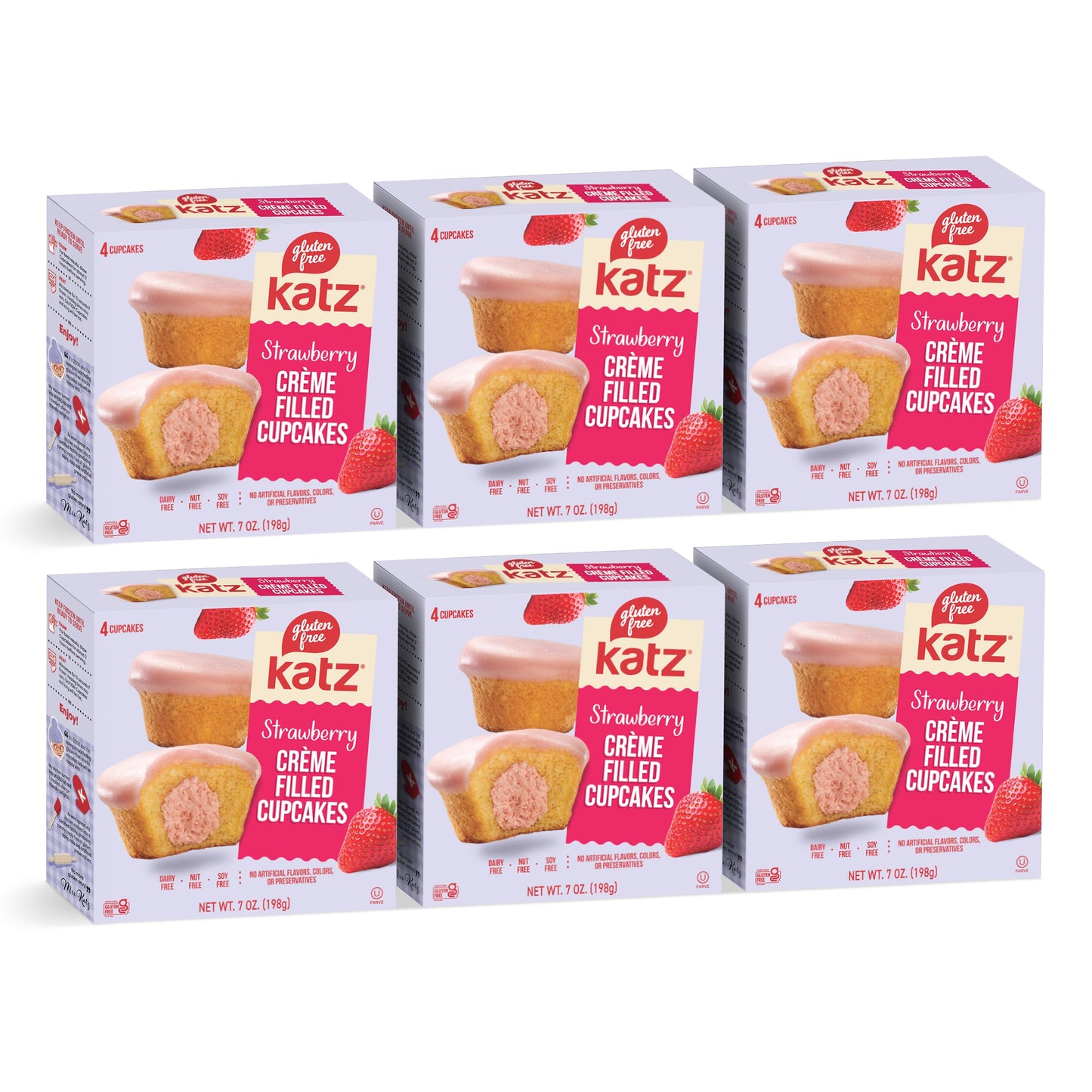 Katz Gluten Free Creme Filled Strawberry Cupcakes. Free of Dairy, Peanuts, Tree Nuts, and Sesame. Kosher, 7oz (6Pk)