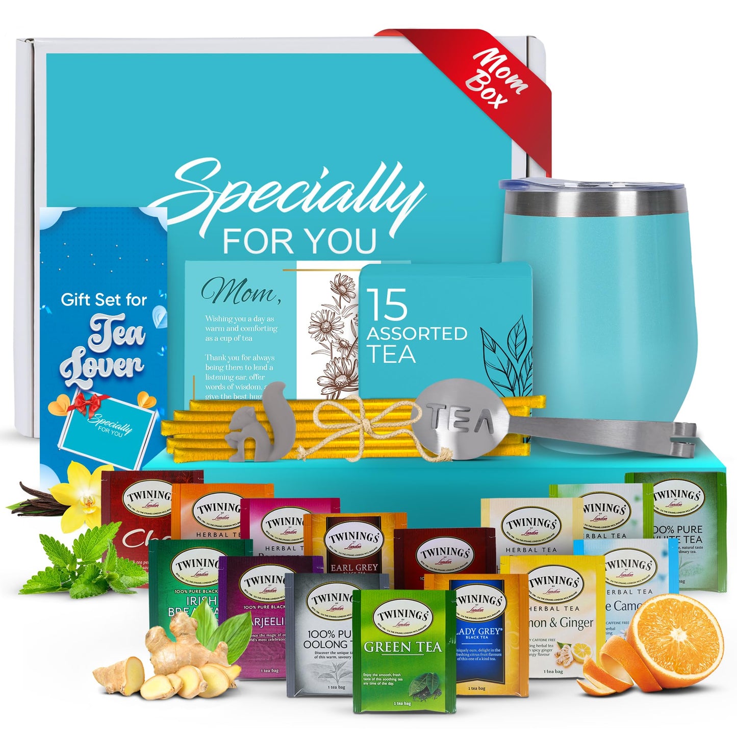 Mothers Day Gifts For Mom Tea Gifts For Women - Sampler Gift Basket With 15 Unique Blends Honey Sticks Stainless Tumbler & Gift-Ready Box (Mom Card-Teal)