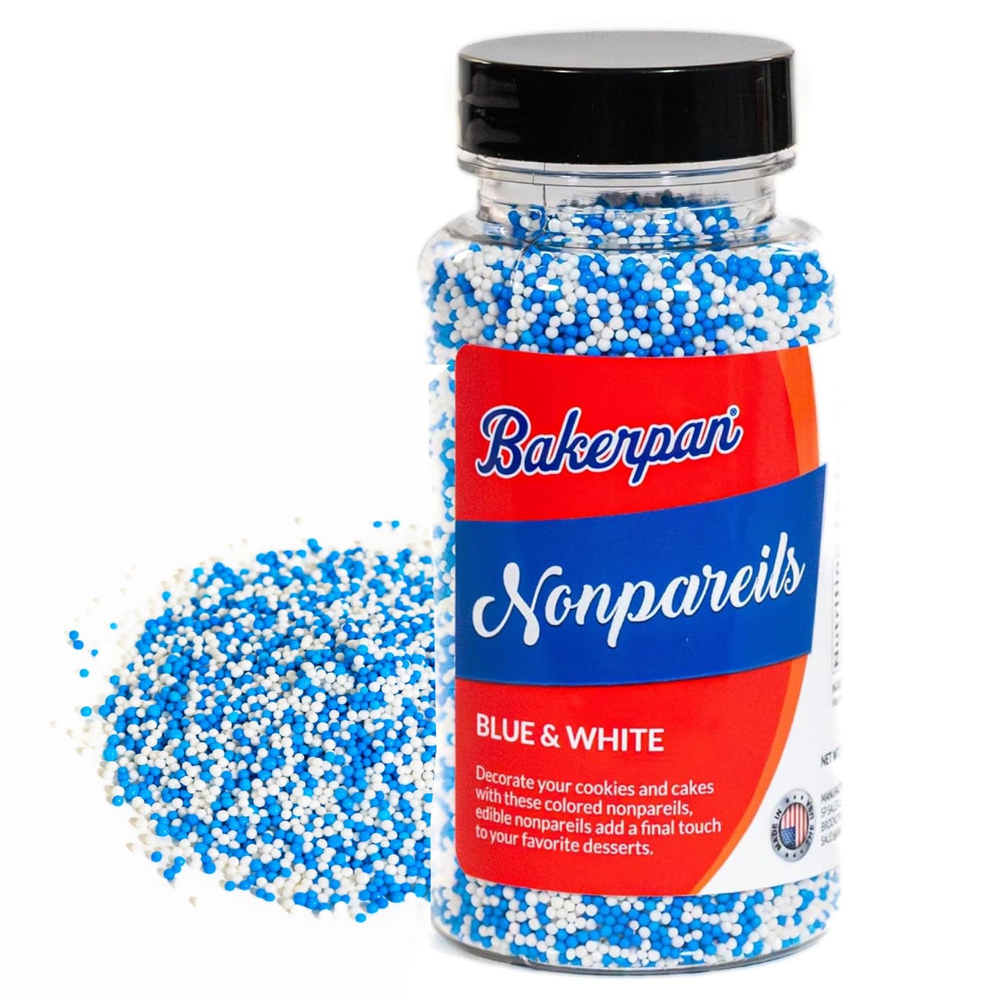 Bakerpan Blue and White Nonpareils Sprinkles - 5.1 Ounces Sprinkles For Cake Decorating - Edible Nonpareils For Cupcakes, Ice Cr