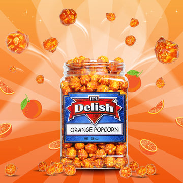 Gourmet Orange Flavored Popcorn by Its Delish, 16 Oz Jumbo Container | Bulk Air Popped Pop Corn Snack - Fruity Orange Themed Ca