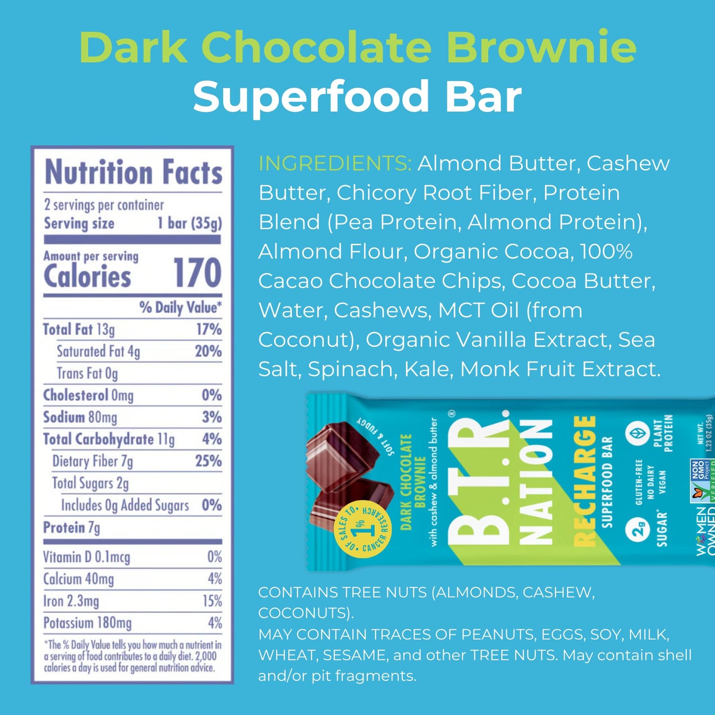 B.T.R Nation Keto Superfood Protein Bars, Plant Based Vegan - Brownie RECHARGE | 12 Bars | Low Carb and Gluten Free, Free of Sug