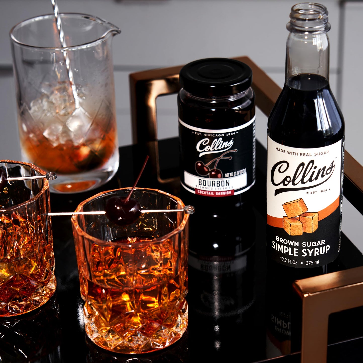 Collins spirit-inspired flavor Cocktail Cherries - Drinks Garnish for Cocktails, 11 Ounce Glass Jar, Black, Model 9044