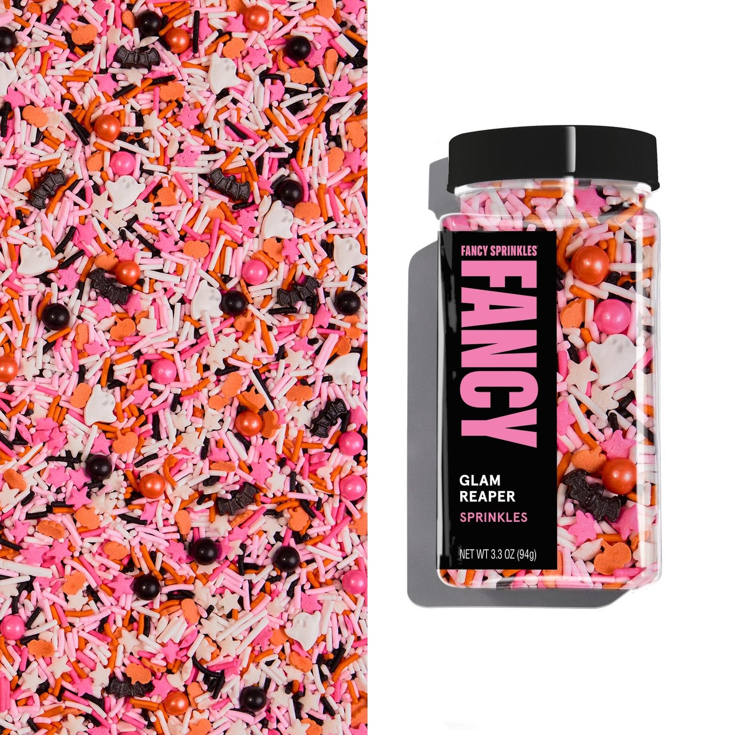 Fancy Sprinkles Glam Reaper Sprinkles Pink Orange Black And White Crunchy Jimmies Candy Pearls Bats And Pumpkins 1 Pack (0.5C)
