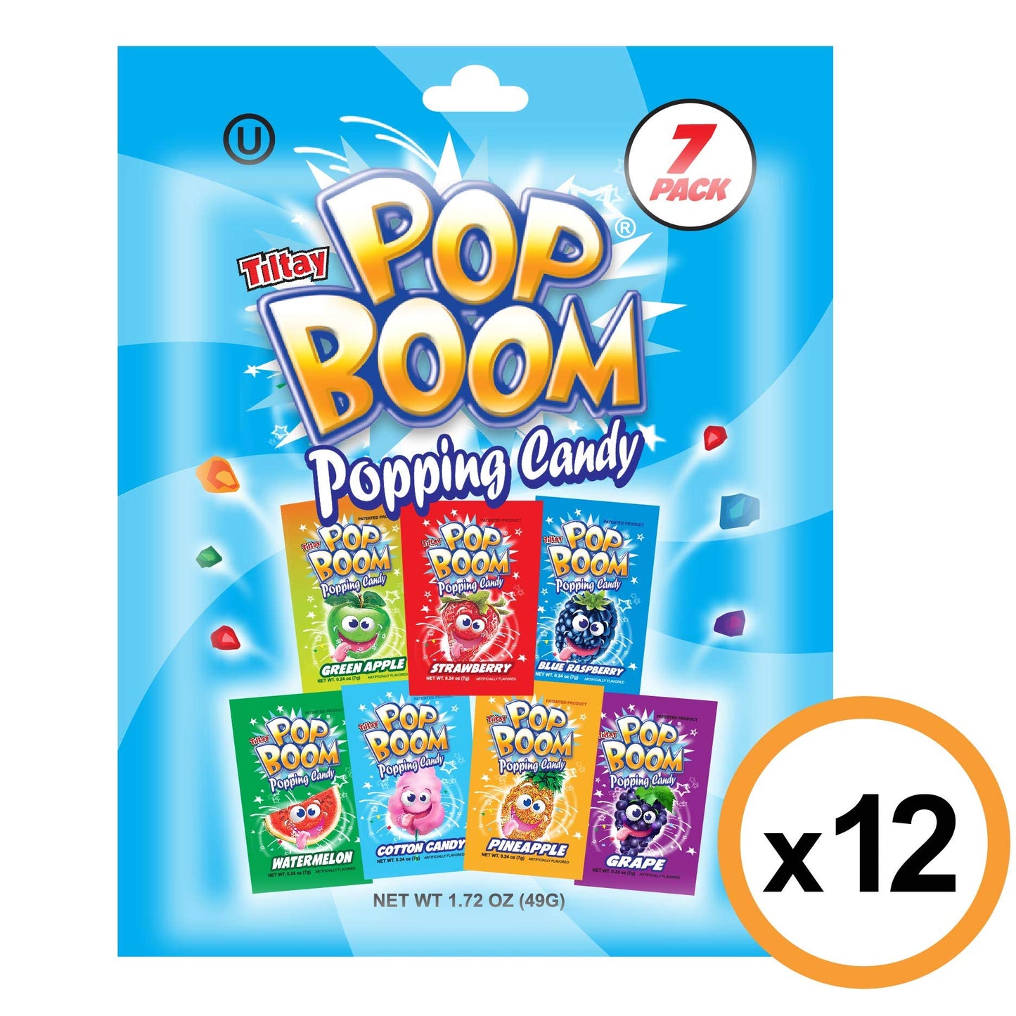 Tiltay Pop Boom Popping Candy - 7 Flavor Assortment, Strawberry, Green Apple, Blue Raspberry, Watermelon, Grape, Pineapple, Cott