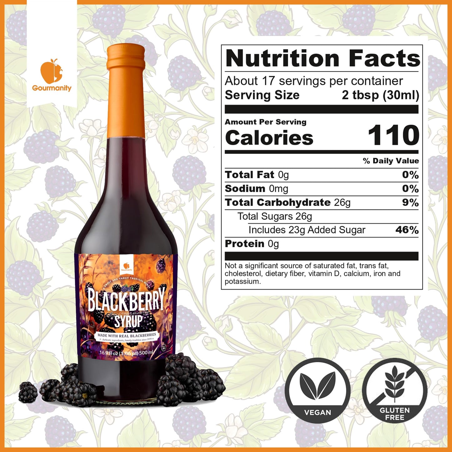Gourmanity Blackberry Syrup, 3 Ingredients Only, Sweet And Tart Flavor, Great For Soda, Iced Tea, Lemonade And Cocktails, No Art