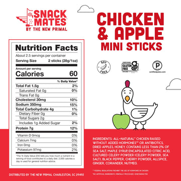 New Primal Snack Mates Chicken & Apple Sticks, Gluten Free Healthy Snacks for Kids, Low Sugar High Protein Back to School Snacks