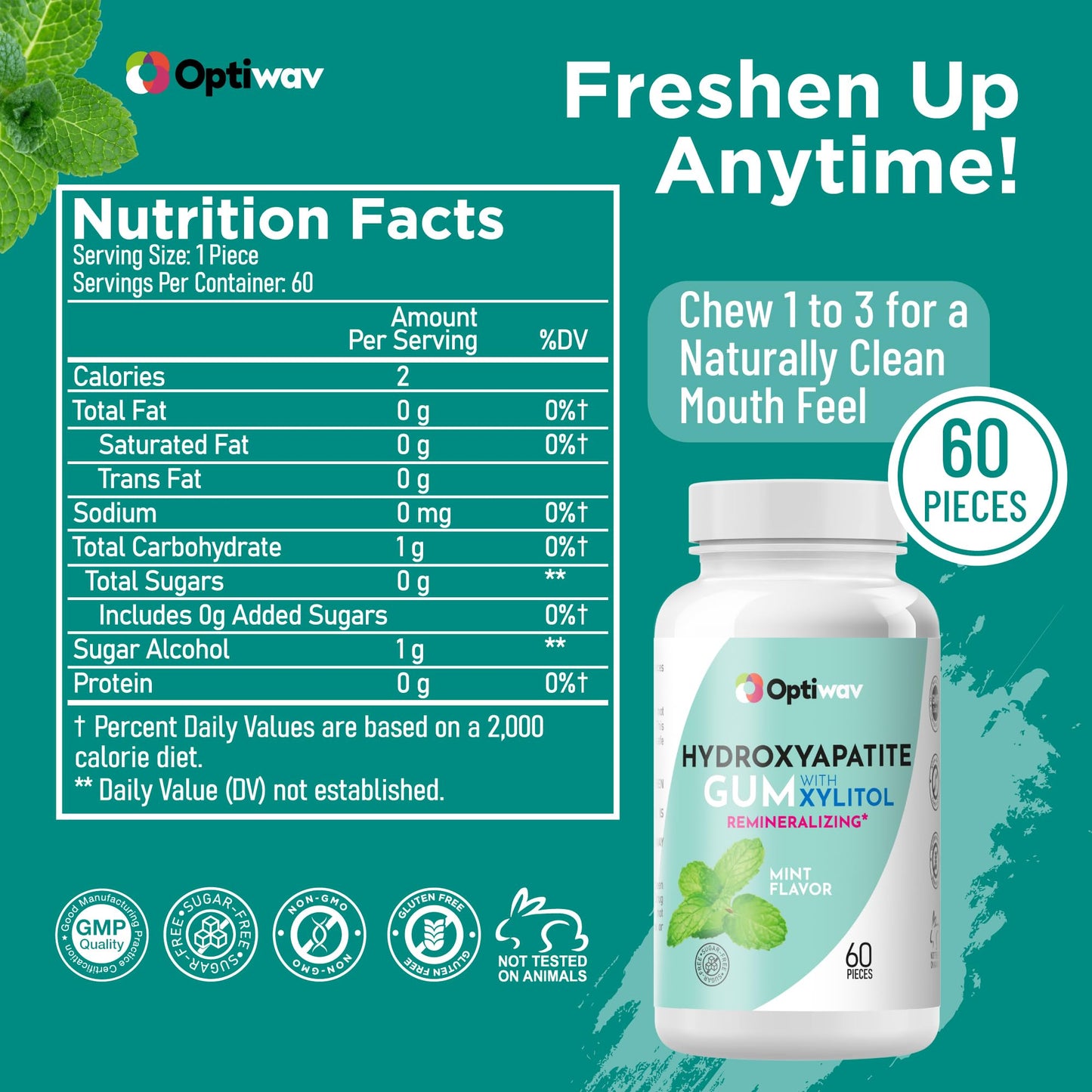 Optiwav Nano Hydroxyapatite Remineralizing Gum - Teeth Mineralizing Re-Mineralizing Chewing Gum with Nanohydroxyapatite & Xylitol - Cavity Reversing Sugar Free Mint Gum for Oral Health & Fresh Breath