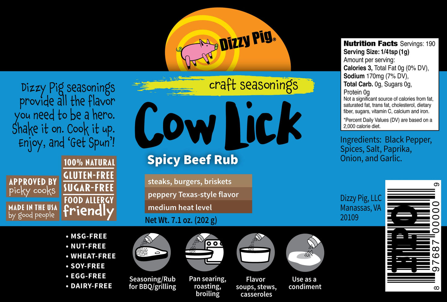 Dizzy Pig Cow Lick Spicy Beef Seasoning Rub, 8oz Shaker, MSG Free, Gluten Free, Hand Made in the USA
