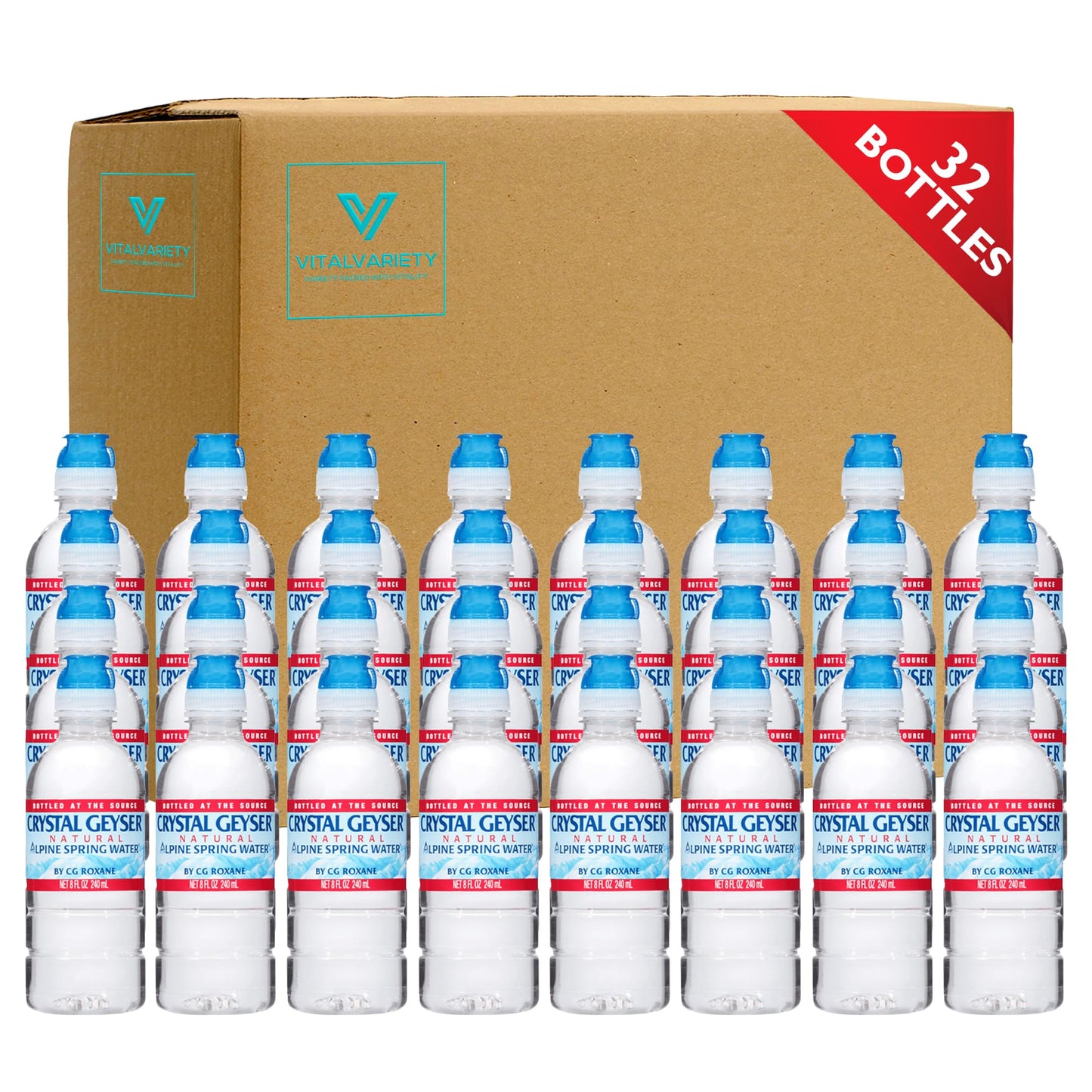 VitalVariety Crystal Geyser Bottled Water, 8 oz Small Sports Cap, 32 Pack