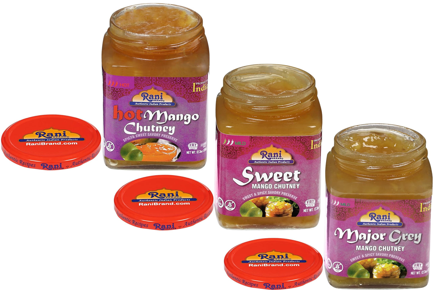 Rani 3-In-1 Mango Chutney (Hot, Sweet, Major Grey) 12.3Oz (350G) Glass Jar, Ready To Eat, Vegan ~ Gluten Free, All Natural, Non-