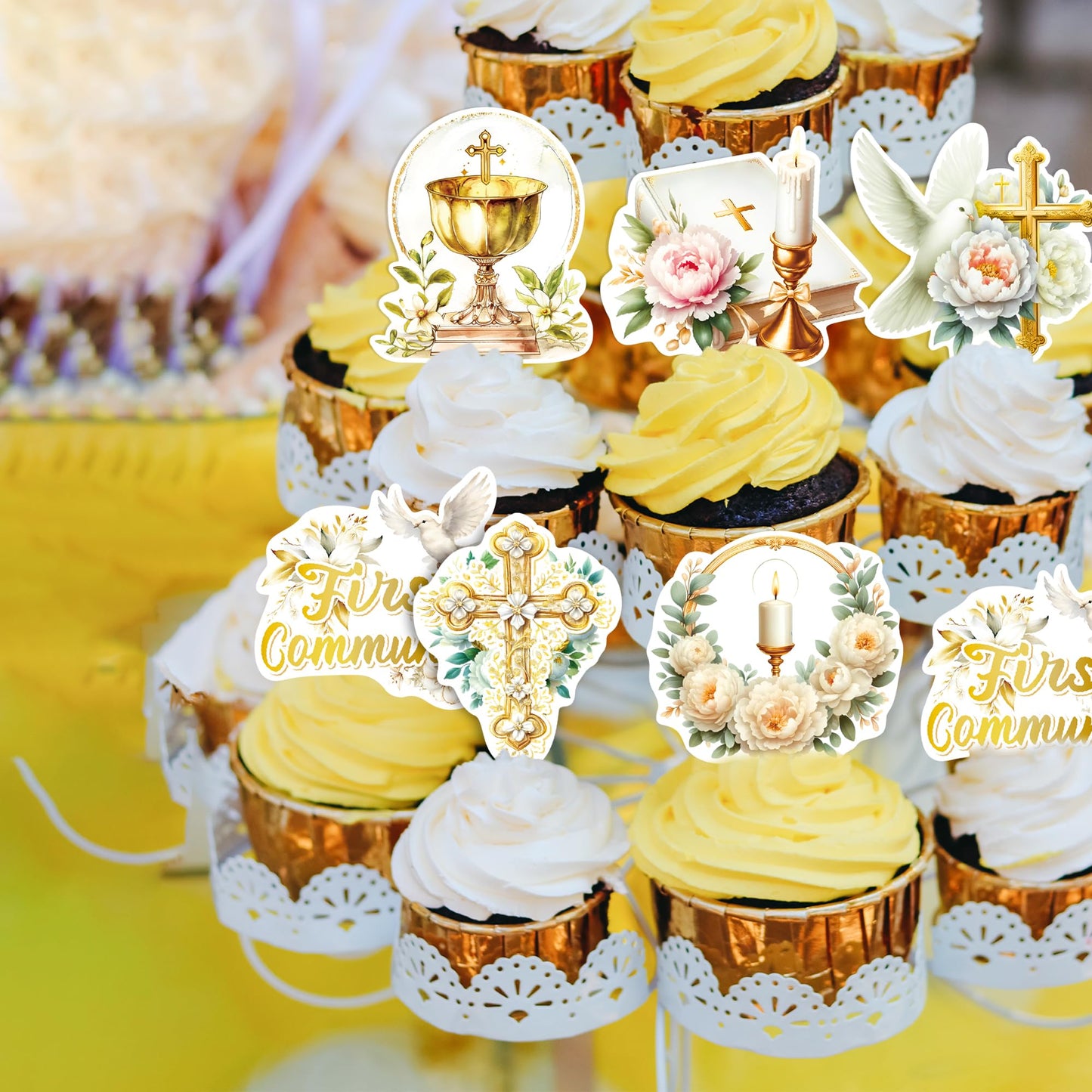 Foowztao 48 PCS Edible Cupcake Toppers - Wafer Paper Dove Cross - Golden - First Holy Communion, Baptism, Baby Shower, Birthday Party Decorations